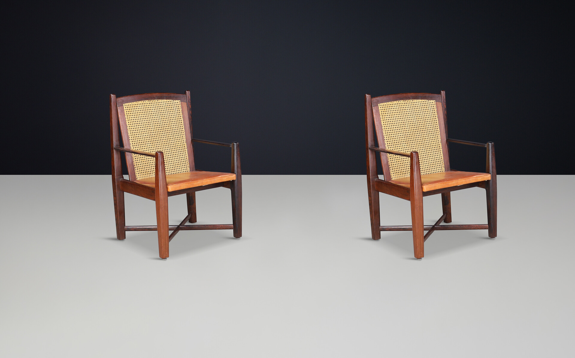 Mid century modern Large Armchairs in Hardwood, Cane and leather, Brazil 1960s Mid-20th century