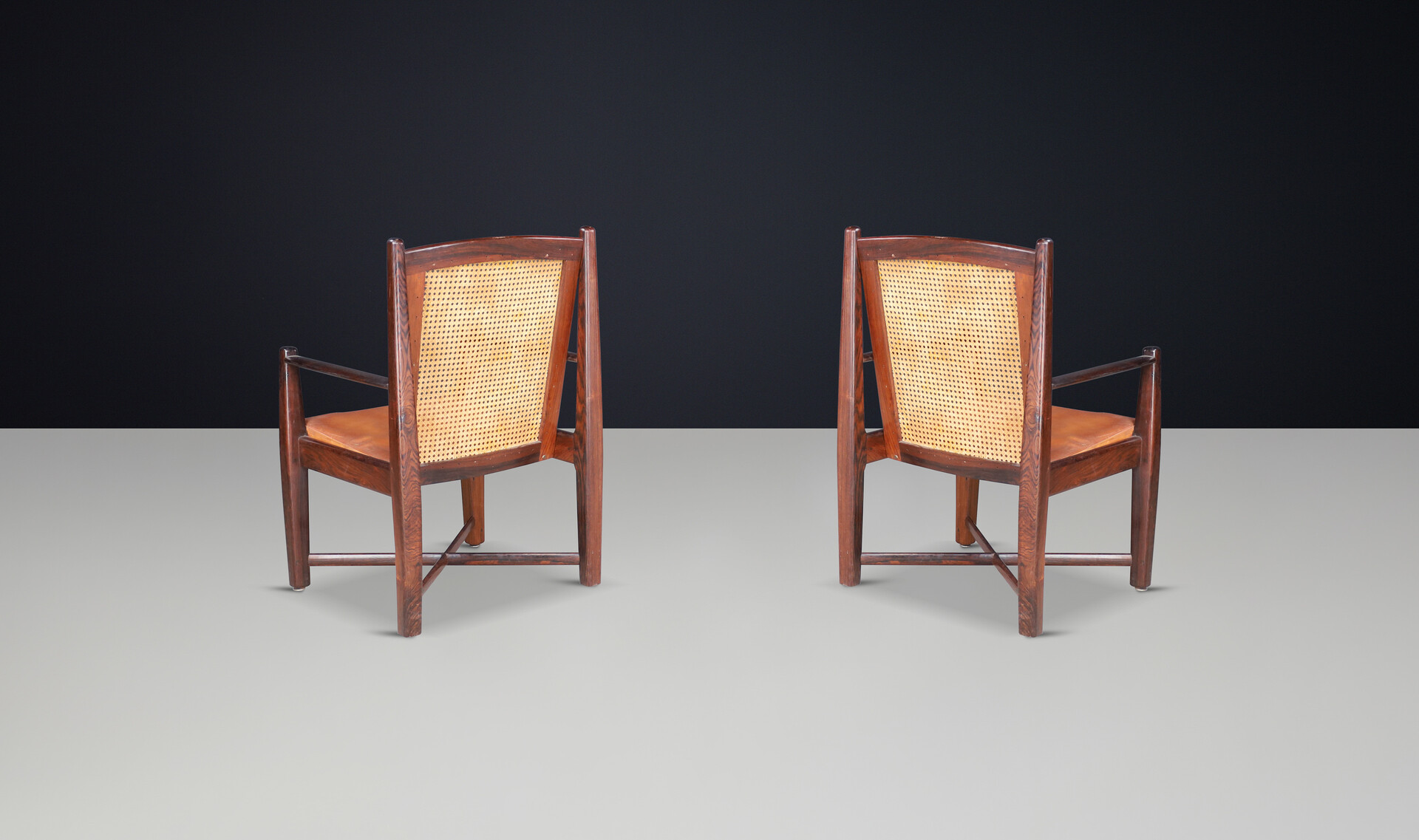 Mid century modern Large Armchairs in Hardwood, Cane and leather, Brazil 1960s Mid-20th century