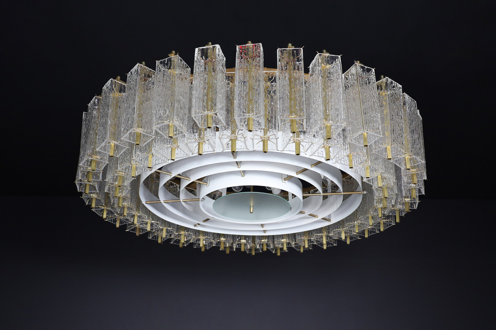 Mid century modern Large Chandelier in Structured Glass and Brass, Praque 1950s Mid-20th century