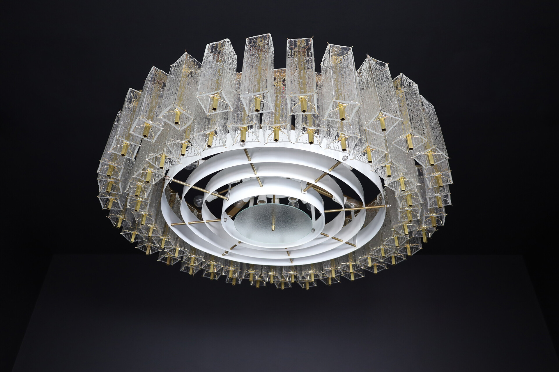 Mid century modern Large Chandelier in Structured Glass and Brass, Praque 1950s Mid-20th century