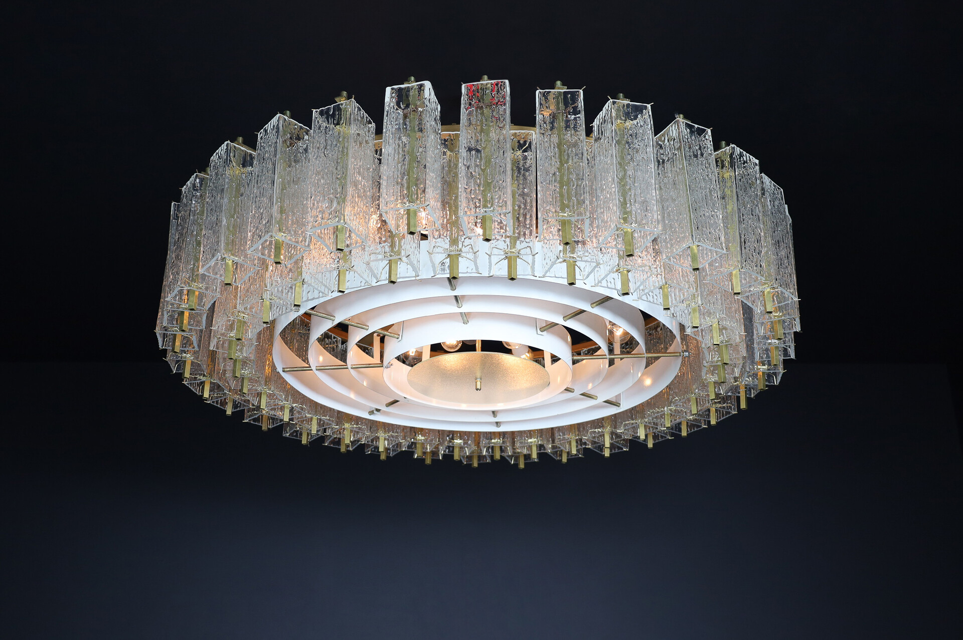 Mid century modern Large Chandelier in Structured Glass and Brass, Praque 1950s Mid-20th century