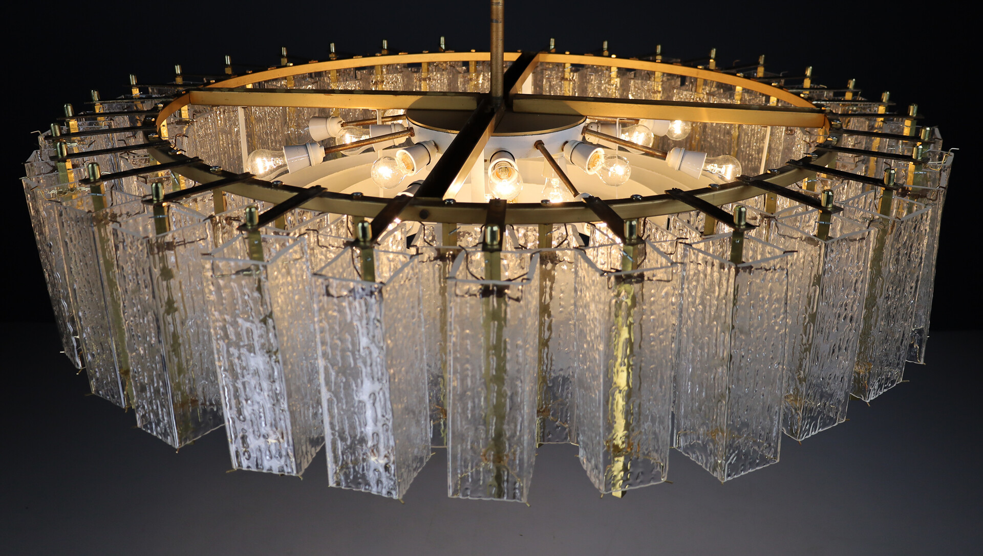 Mid century modern Large Chandelier in Structured Glass and Brass, Praque 1950s Mid-20th century