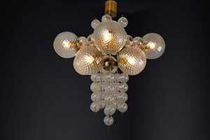 Mid century modern Large Midcentury Chandelier with Brass Fixture and Structured Glass Europe 1960s Mid-20th century