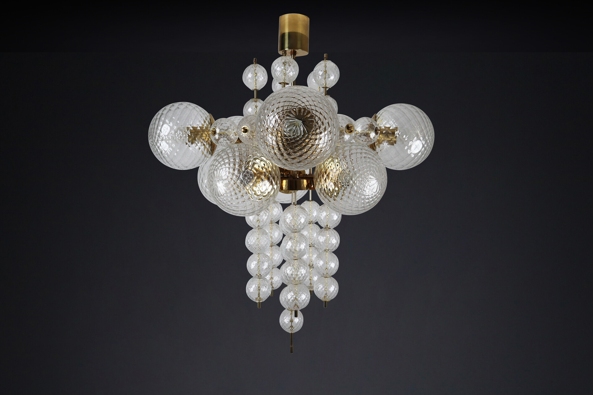 Mid century modern Large Midcentury Chandelier with Brass Fixture and Structured Glass Europe 1960s Mid-20th century