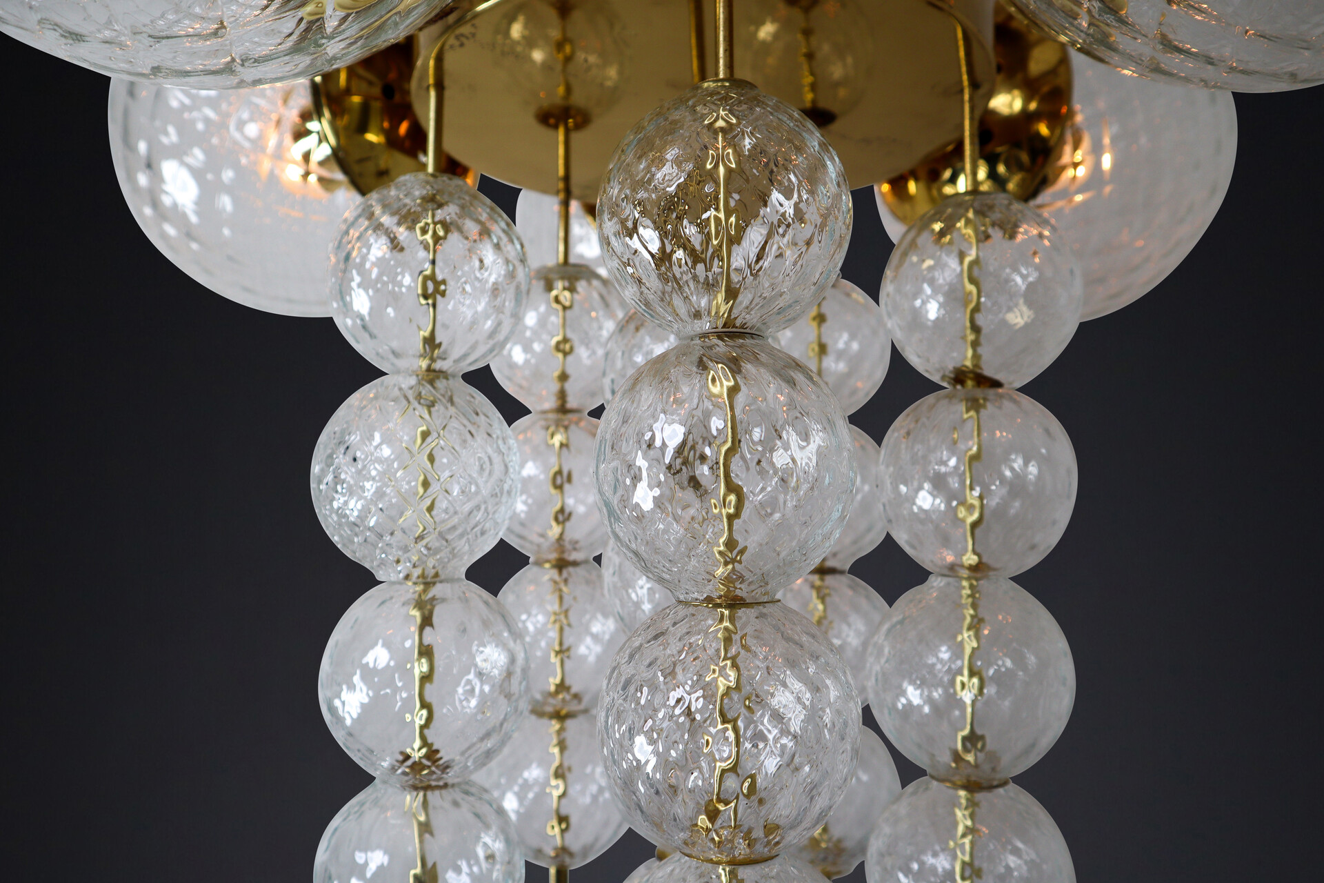 Mid century modern Large Midcentury Chandelier with Brass Fixture and Structured Glass Europe 1960s Mid-20th century