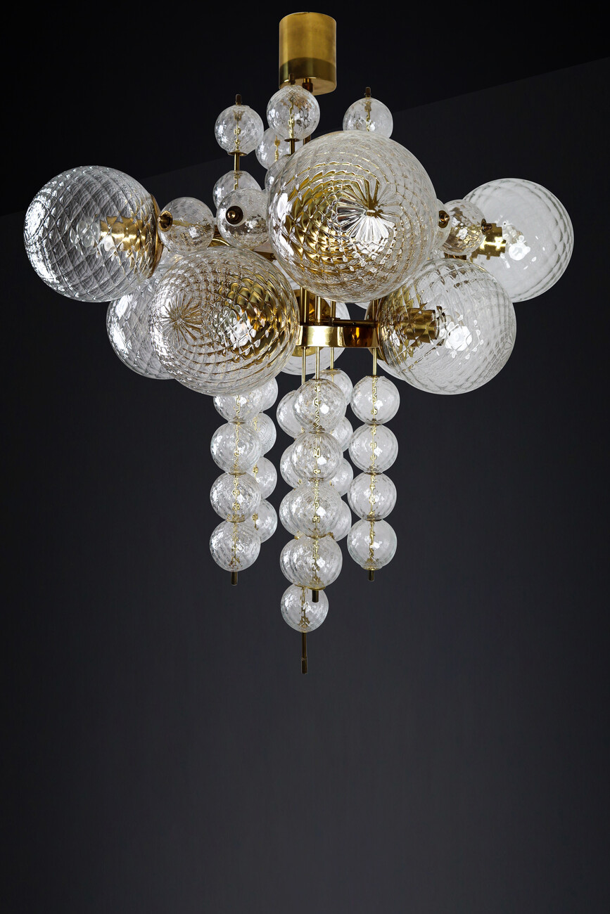 Mid century modern Large Midcentury Chandelier with Brass Fixture and Structured Glass Europe 1960s Mid-20th century