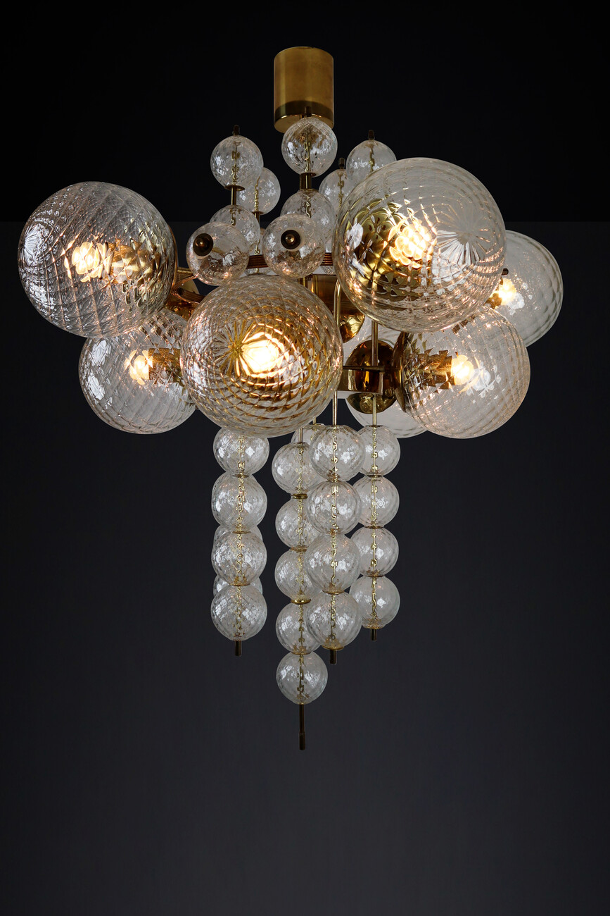 Mid century modern Large Midcentury Chandelier with Brass Fixture and Structured Glass Europe 1960s Mid-20th century