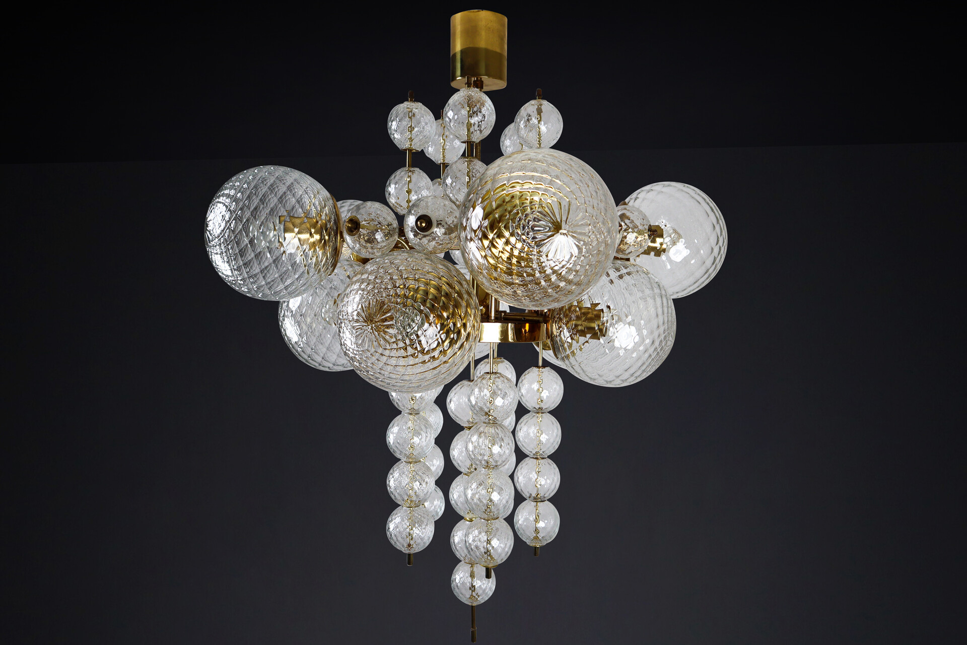 Mid century modern Large Midcentury Chandelier with Brass Fixture and Structured Glass Europe 1960s Mid-20th century