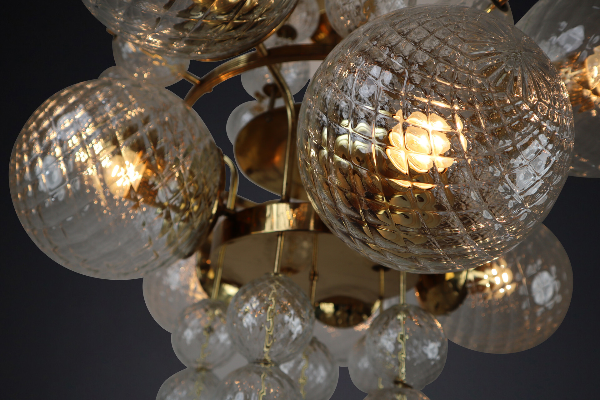 Mid century modern Large Midcentury Chandelier with Brass Fixture and Structured Glass Europe 1960s Mid-20th century