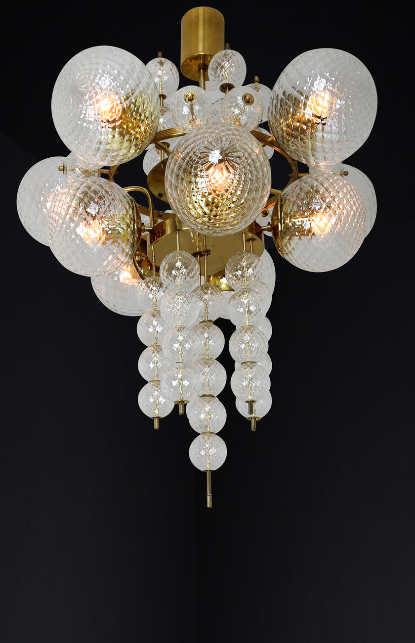 Mid century modern Large Midcentury Chandelier with Brass Fixture and Structured Glass Europe 1960s Mid-20th century