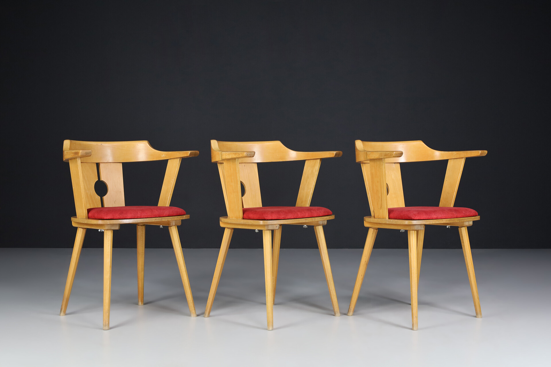 Mid century modern Large set armchairs in beech and upholstery France 1950s Mid-20th century