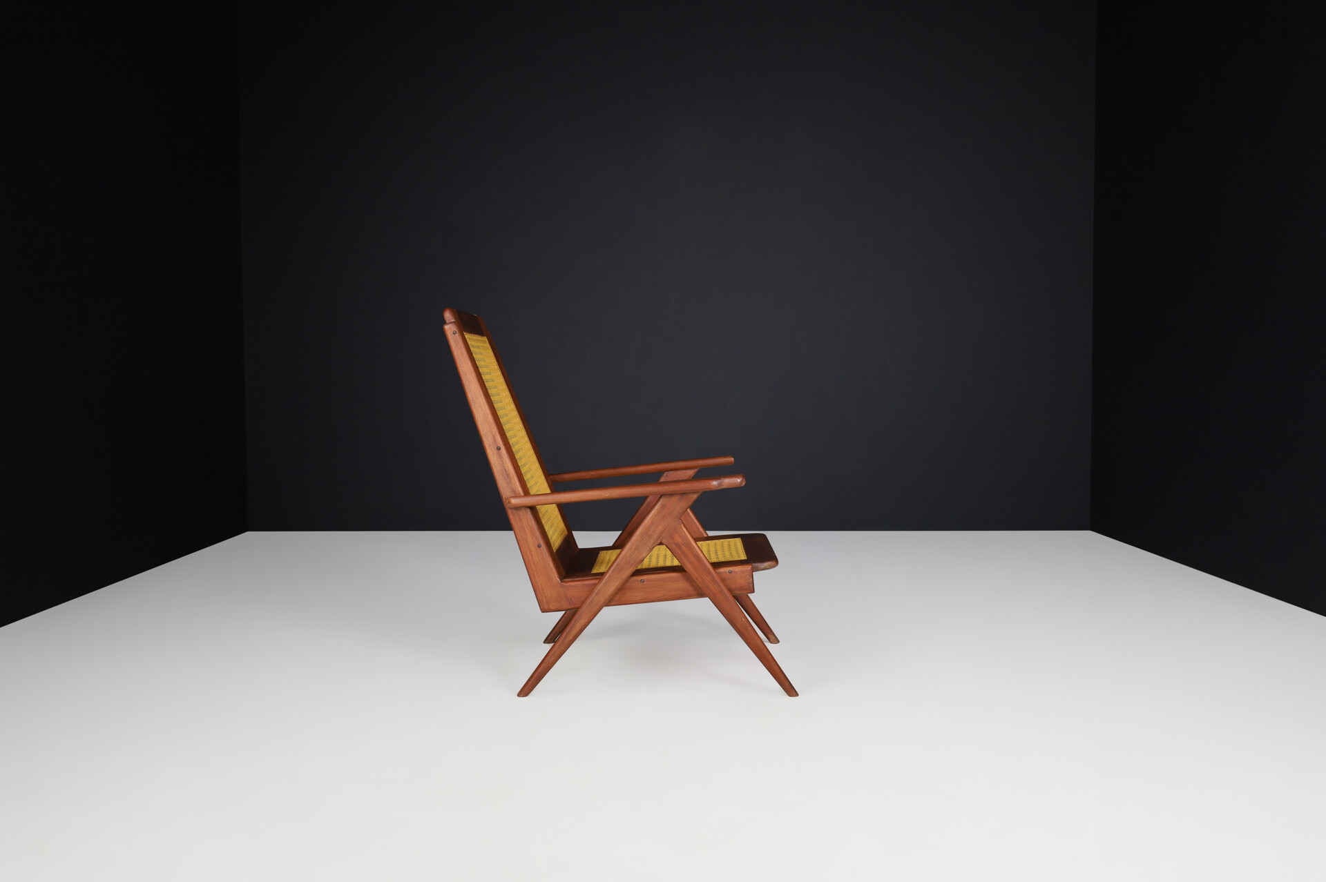 Mid century modern Lounge Chairs with mahogany Structure and Webbing in the style of Pierre Jeanneret , France, 1950s Mid-20th century