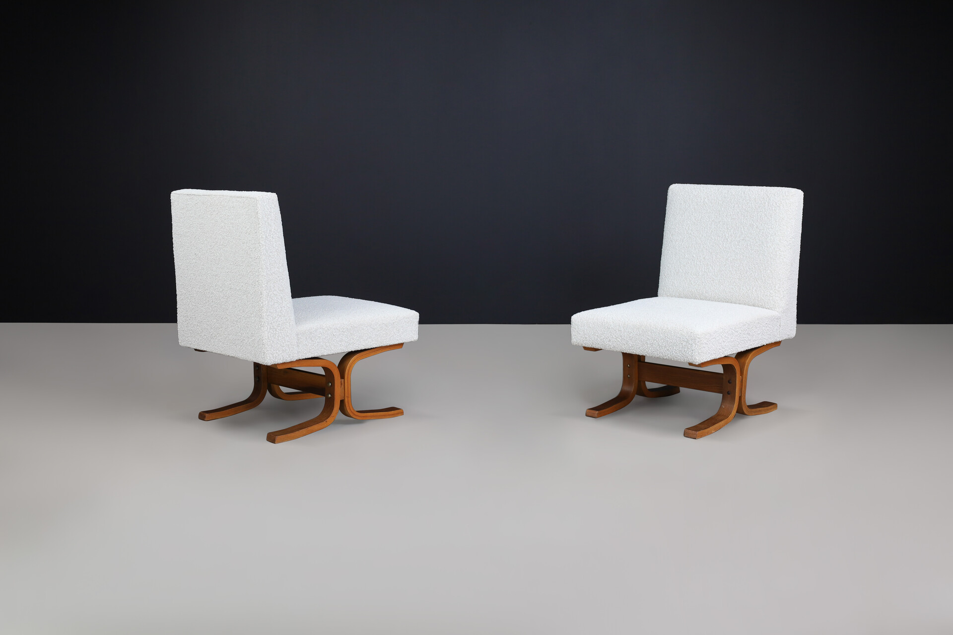 Mid century modern Ludvik Volak Bentwood and Bouclé Upholstery Lounge chairs, Cz 1960s Mid-20th century