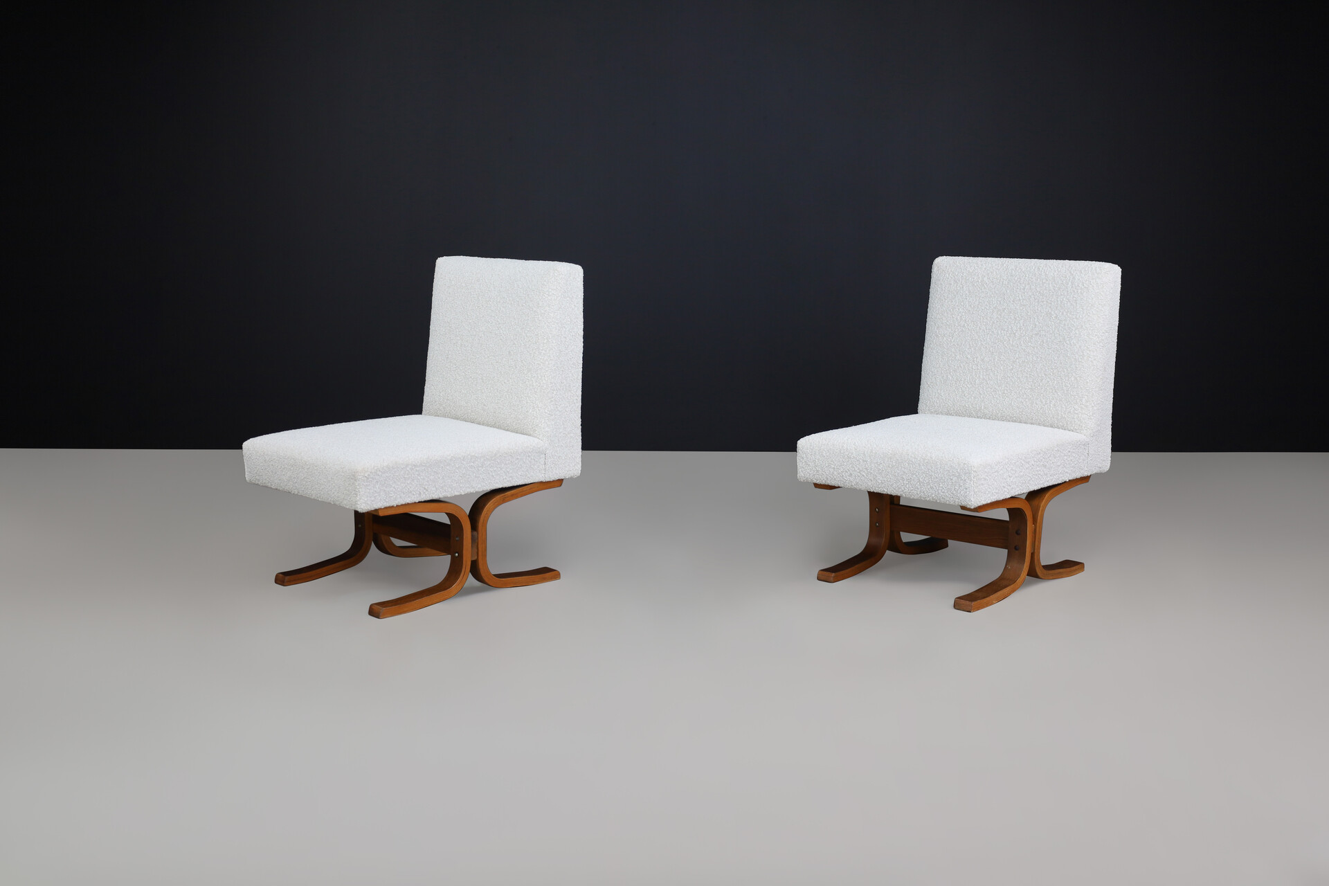 Mid century modern Ludvik Volak Bentwood and Bouclé Upholstery Lounge chairs, Cz 1960s Mid-20th century