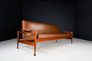 Mid century modern Oak and leatherette sofa / bed, Germany 1960s Mid-20th century