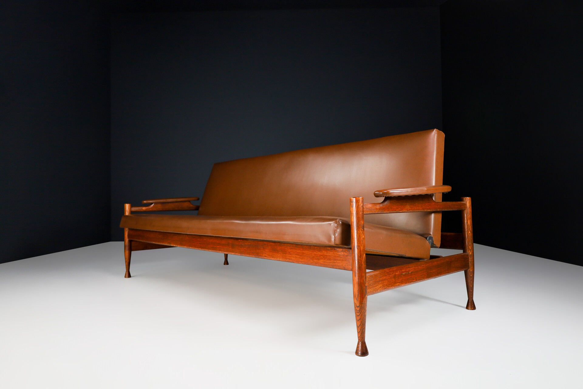 Mid century modern Oak and leatherette sofa / bed, Germany 1960s Mid-20th century