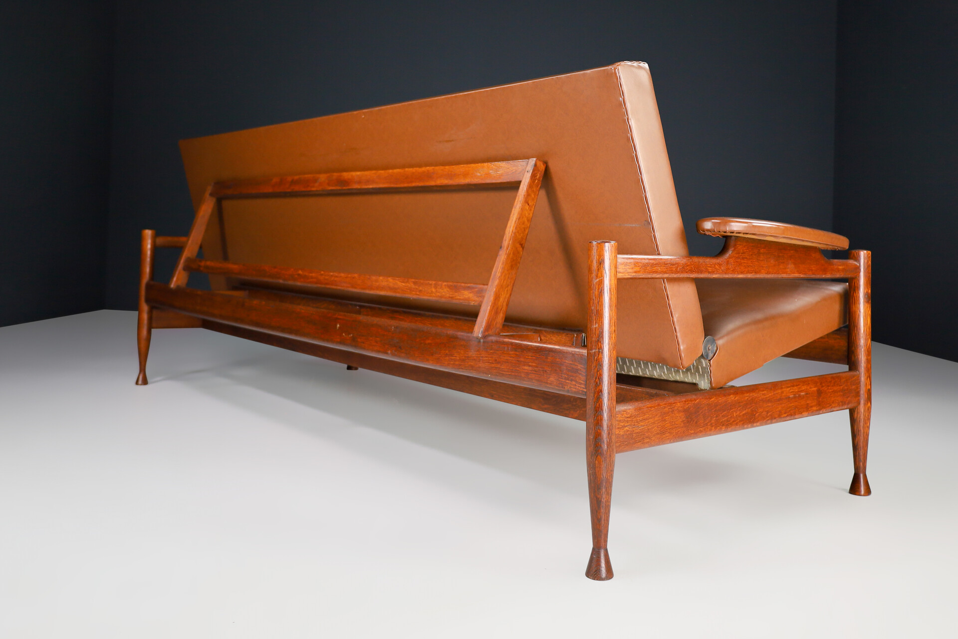 Mid century modern Oak and leatherette sofa / bed, Germany 1960s Mid-20th century