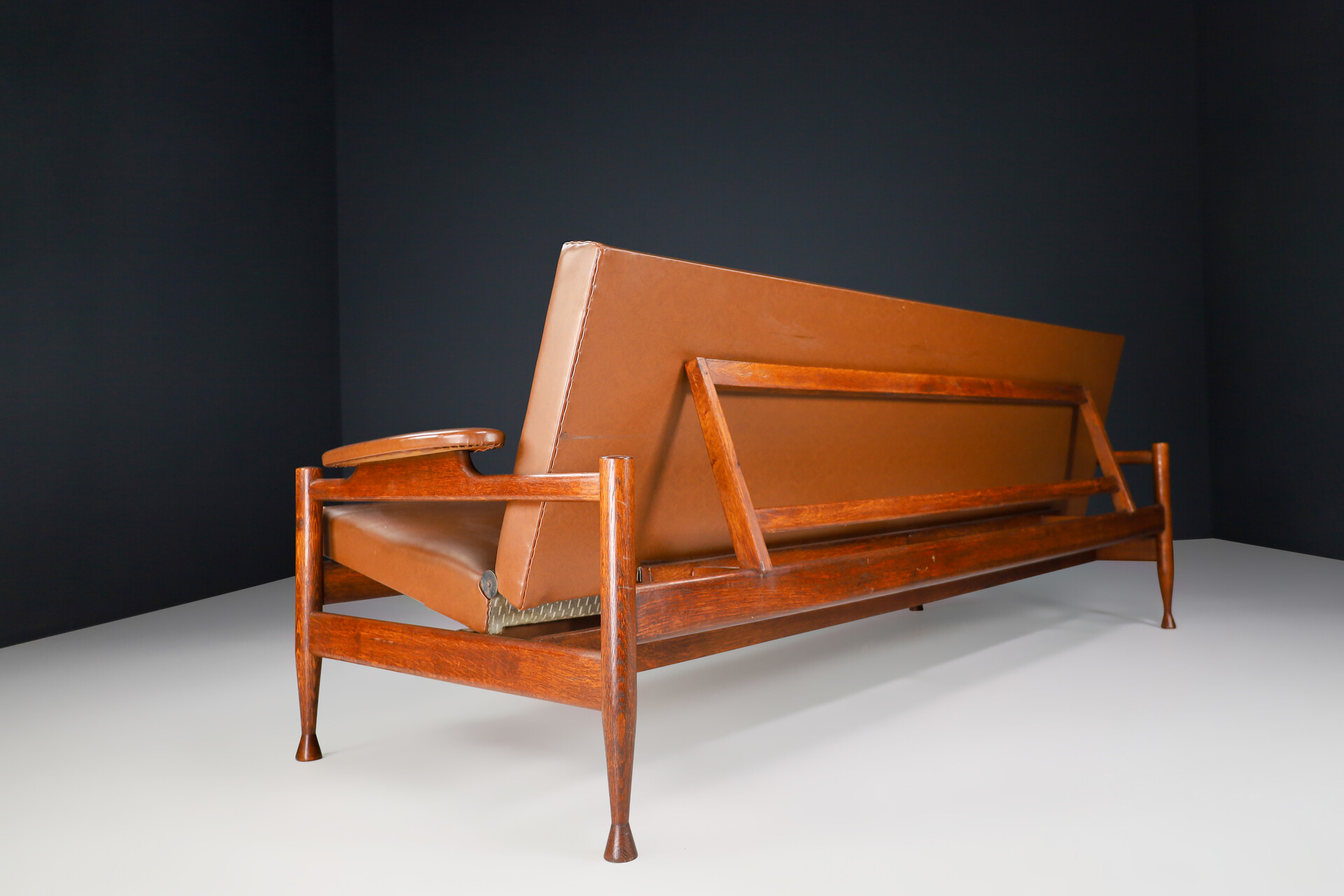 Mid century modern Oak and leatherette sofa / bed, Germany 1960s Mid-20th century