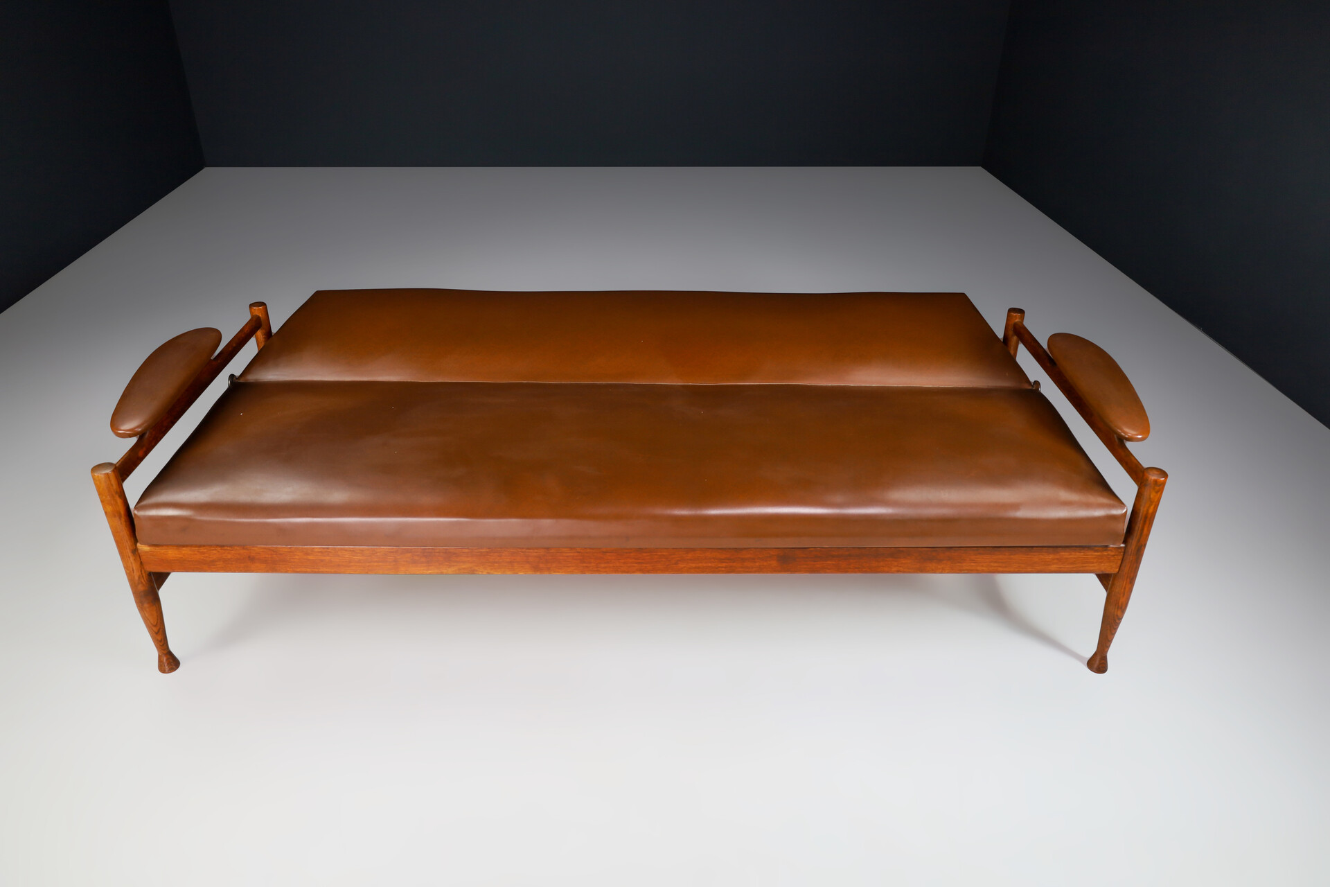 Mid century modern Oak and leatherette sofa / bed, Germany 1960s Mid-20th century