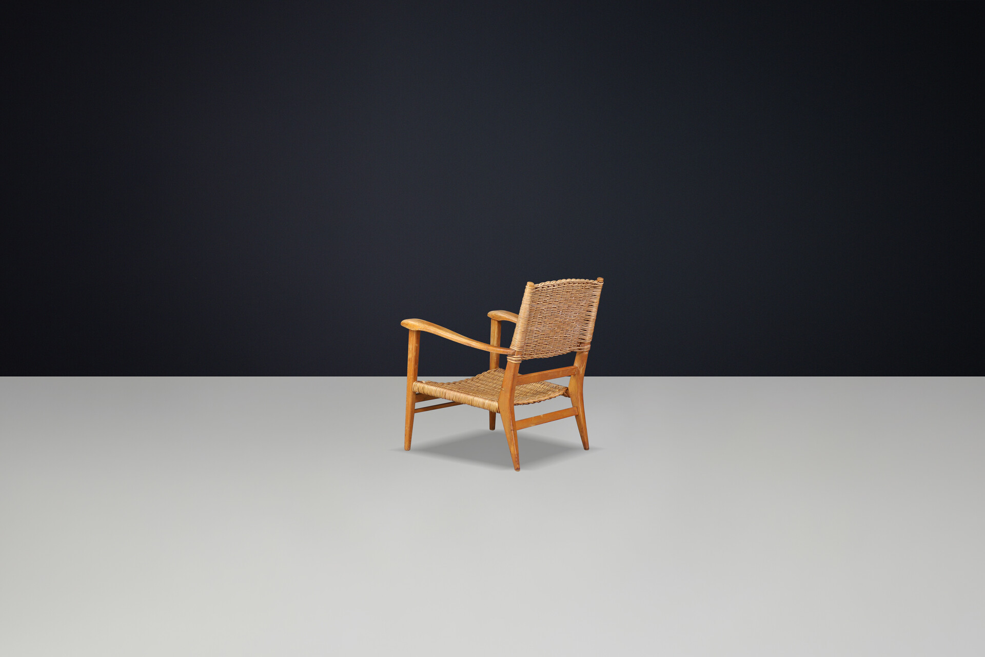 Mid century modern Oak and rush armchair, France 1950s Mid-20th century