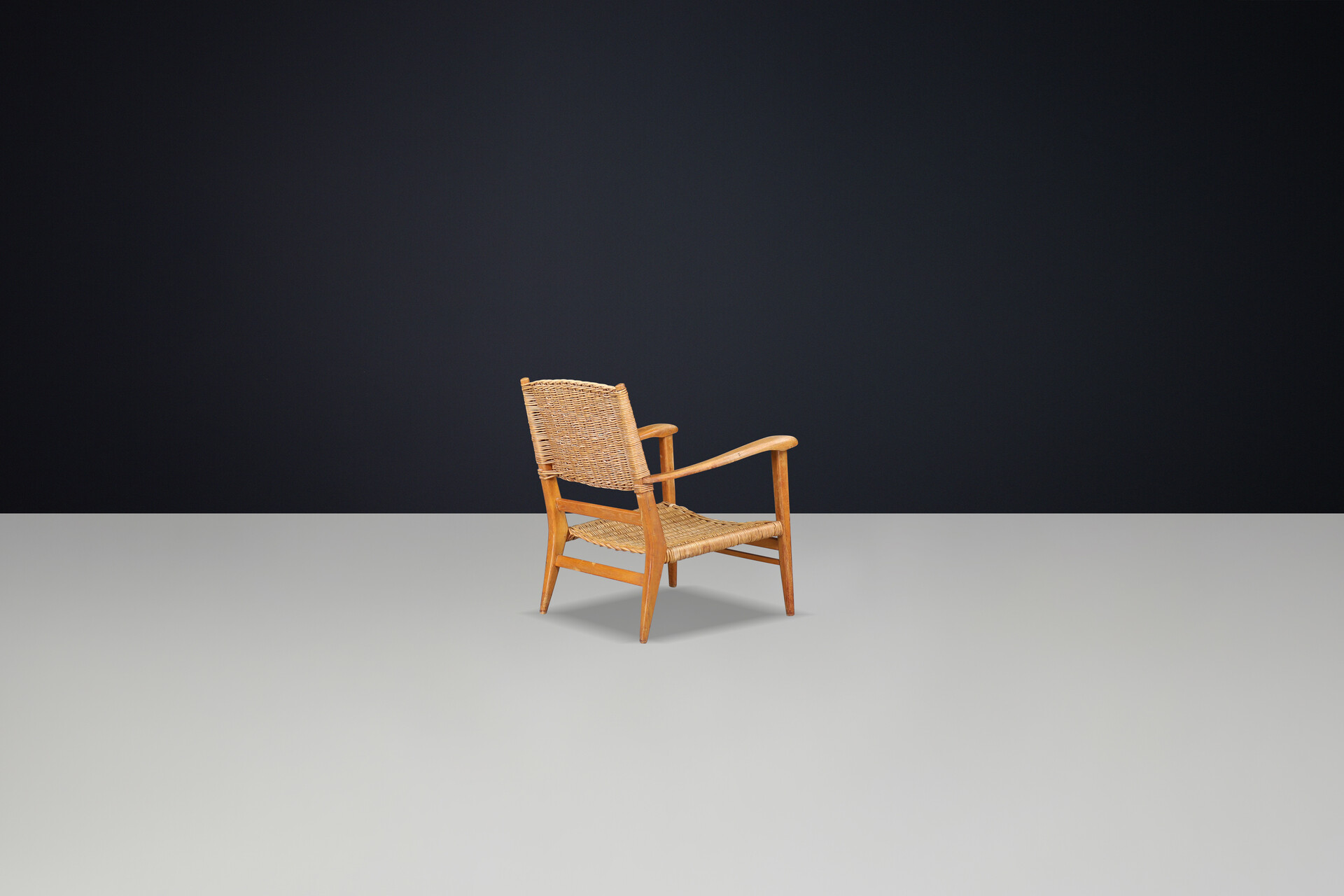 Mid century modern Oak and rush armchair, France 1950s Mid-20th century