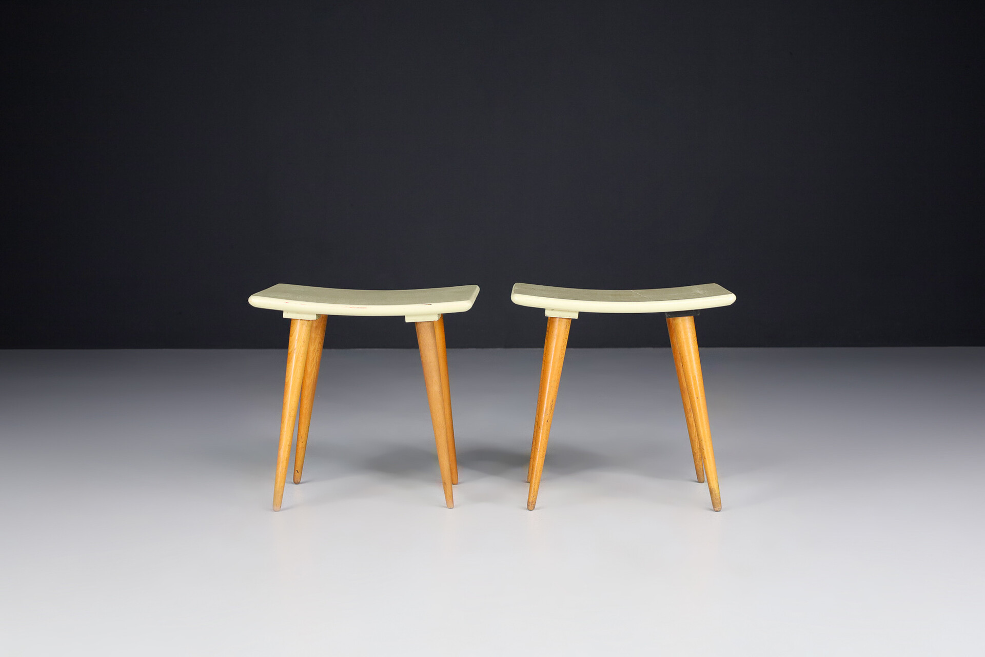 Mid century modern Pastel green and  beech wood stools, France 1960s Mid-20th century