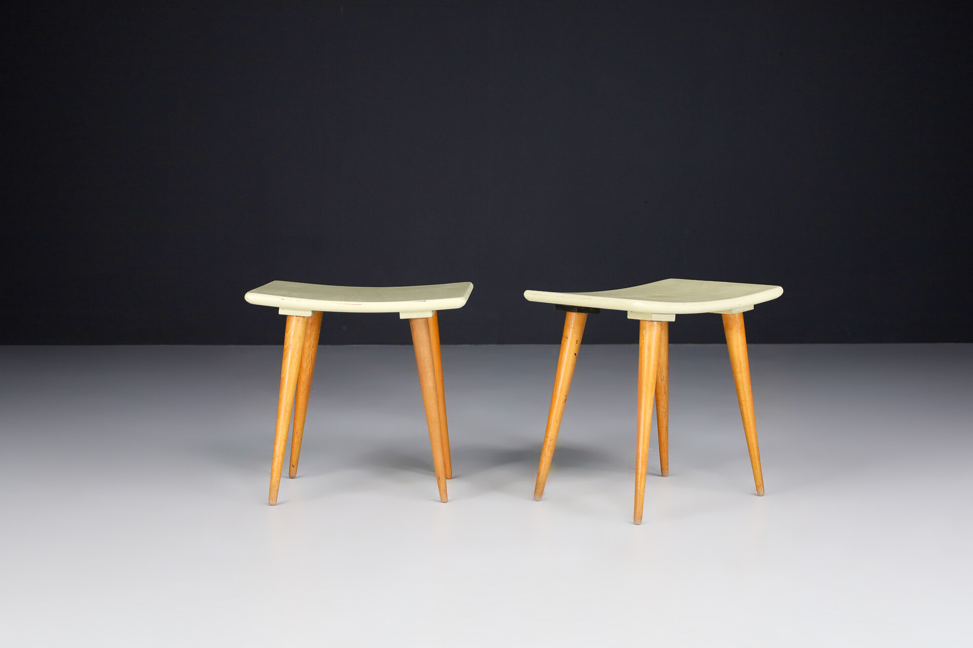 Mid century modern Pastel green and  beech wood stools, France 1960s Mid-20th century