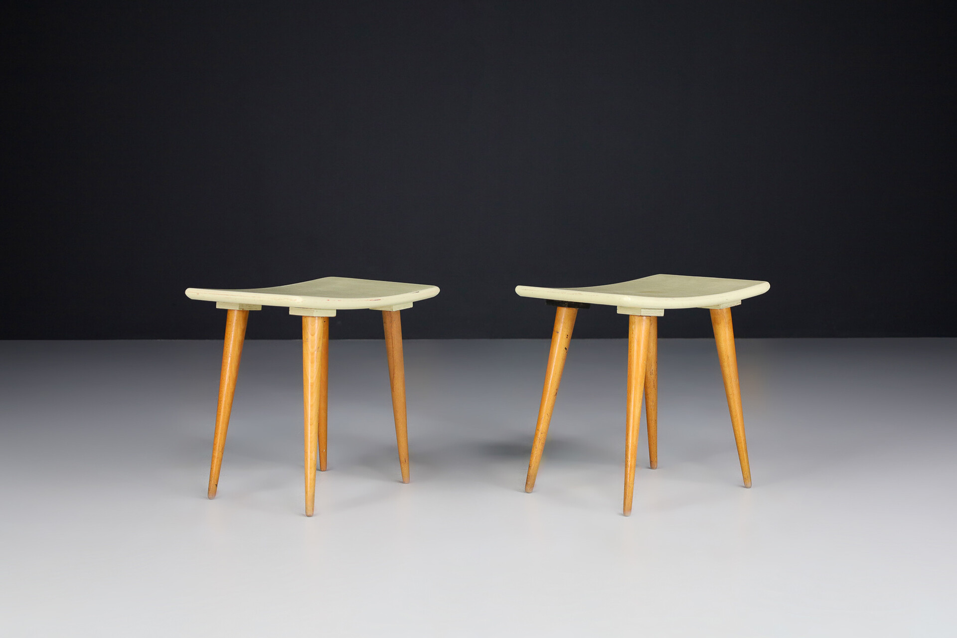 Mid century modern Pastel green and  beech wood stools, France 1960s Mid-20th century