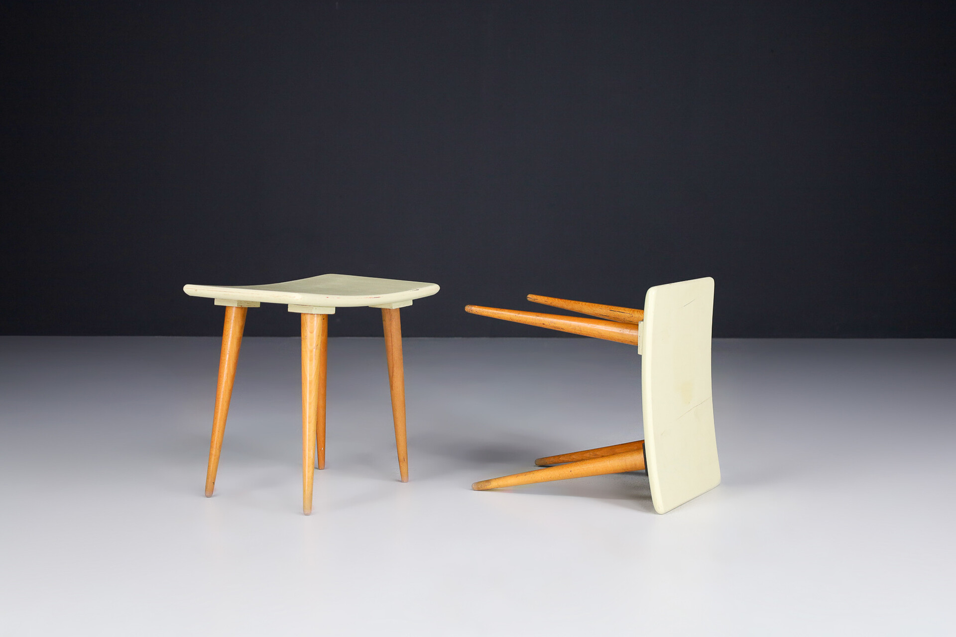 Mid century modern Pastel green and  beech wood stools, France 1960s Mid-20th century