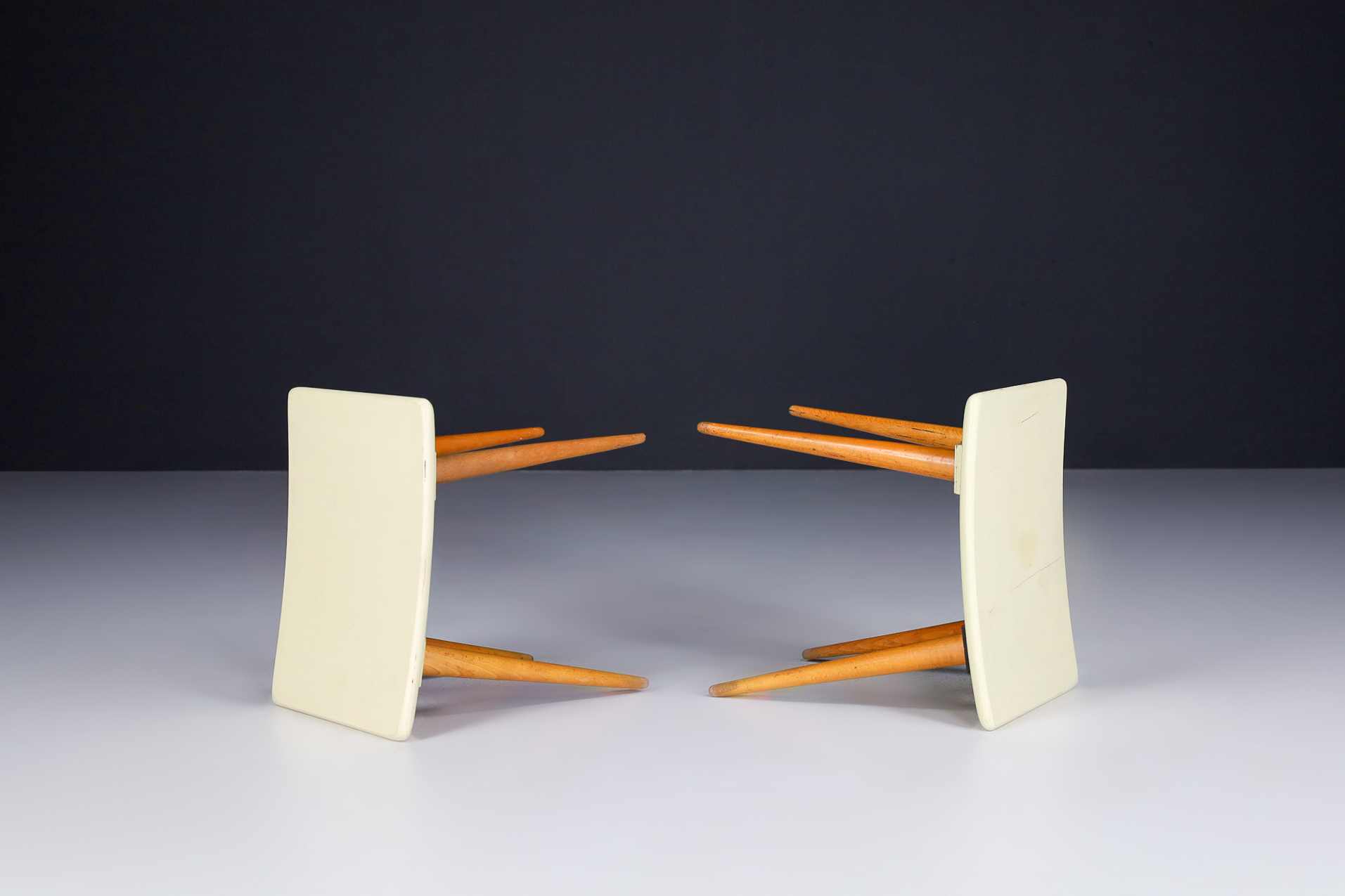 Mid century modern Pastel green and  beech wood stools, France 1960s Mid-20th century