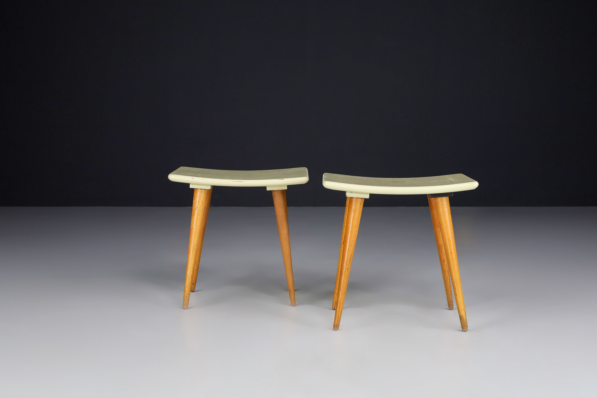 Mid century modern Pastel green and  beech wood stools, France 1960s Mid-20th century