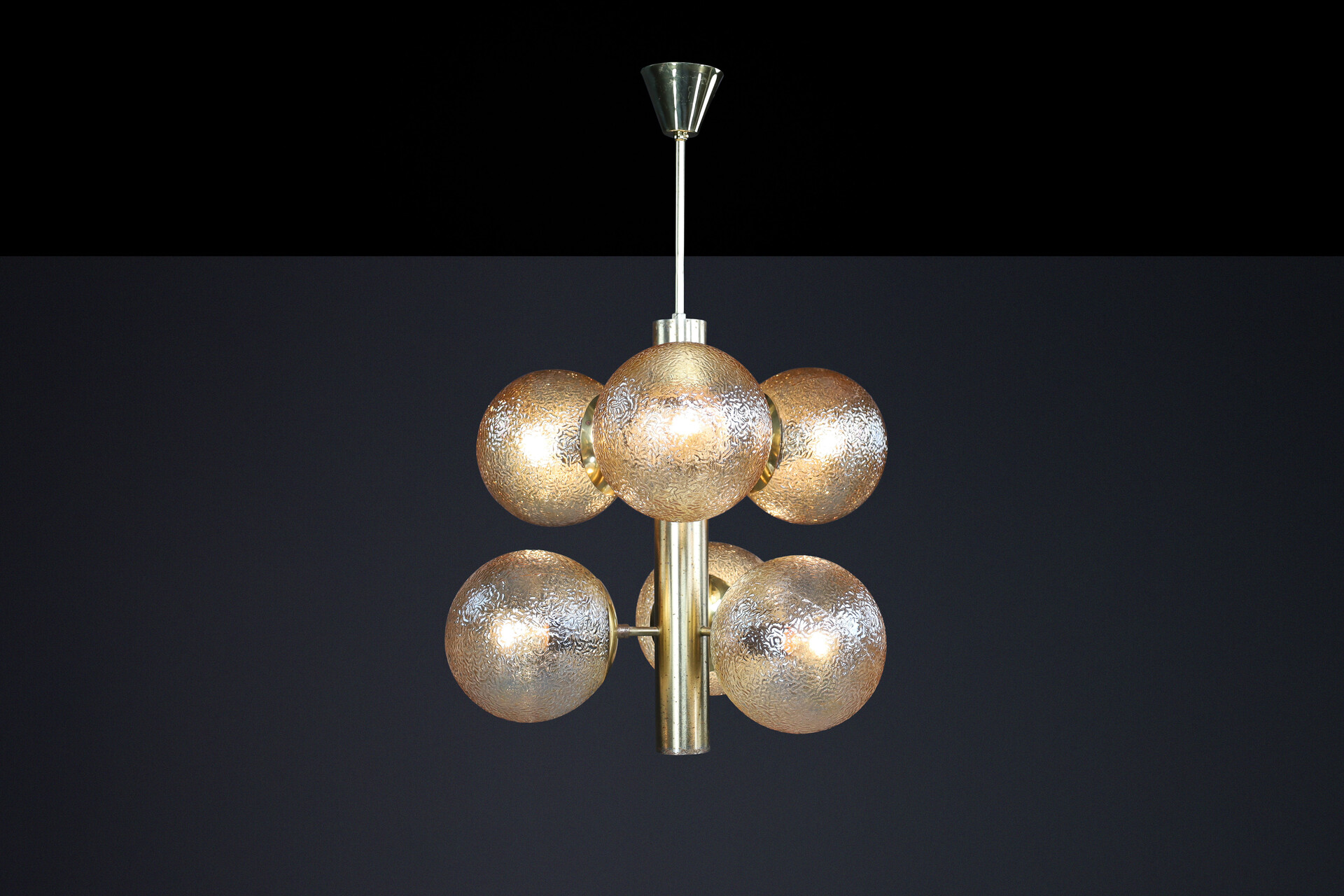 Mid century modern Patinated Brass Sputnik Chandelier with Six Gold-Colored Globes, Germany 1960s Mid-20th century