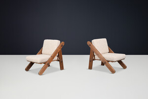 Mid century modern Patinated Pine lounge chairs in teddy upholstery France 1960s Mid-20th century