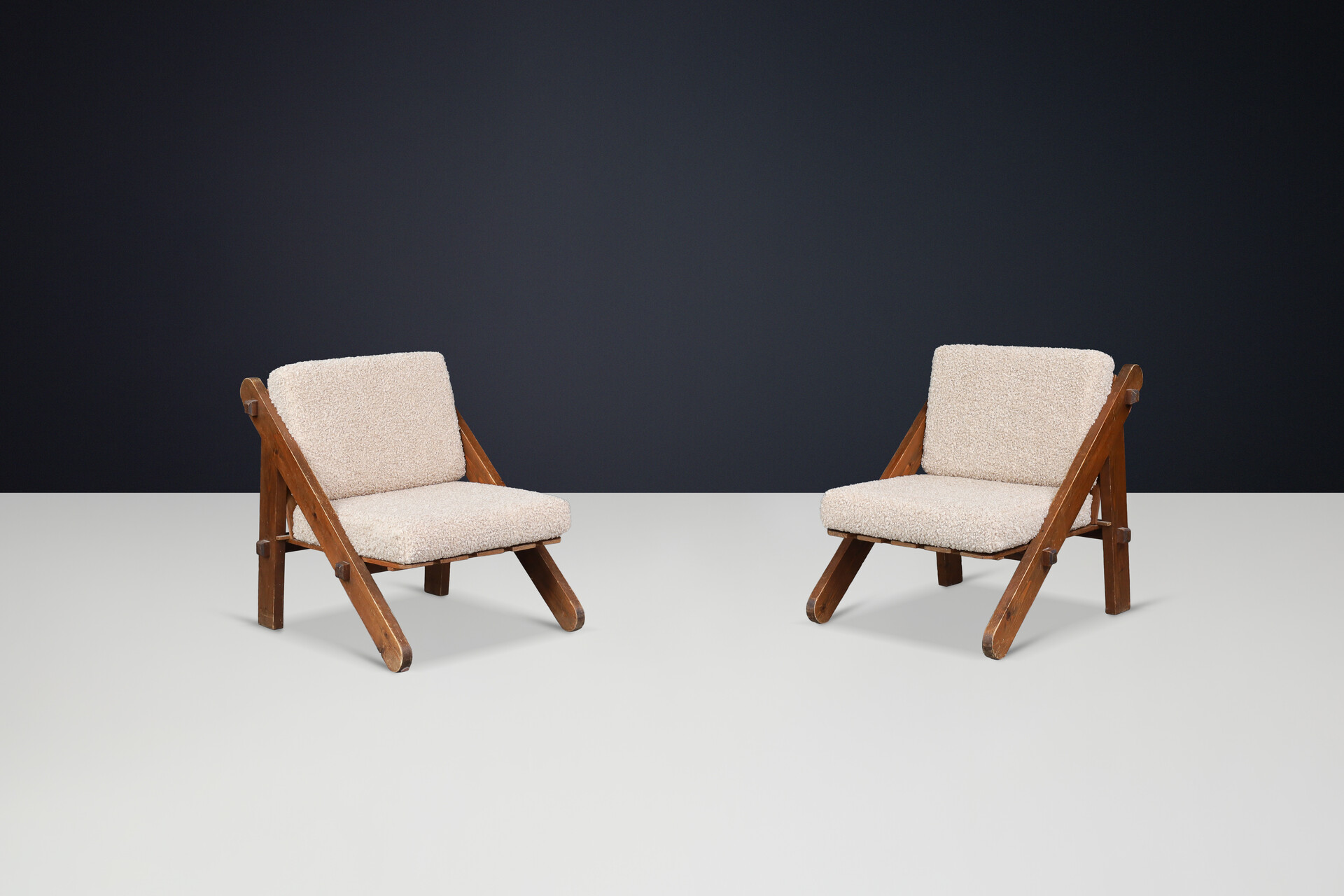 Mid century modern Patinated Pine lounge chairs in teddy upholstery France 1960s Mid-20th century