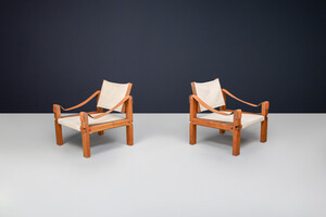 Mid century modern Pierre Chapo, Pair of Armchairs Model 'S10' Elm leather and canvas France 1960s Mid-20th century