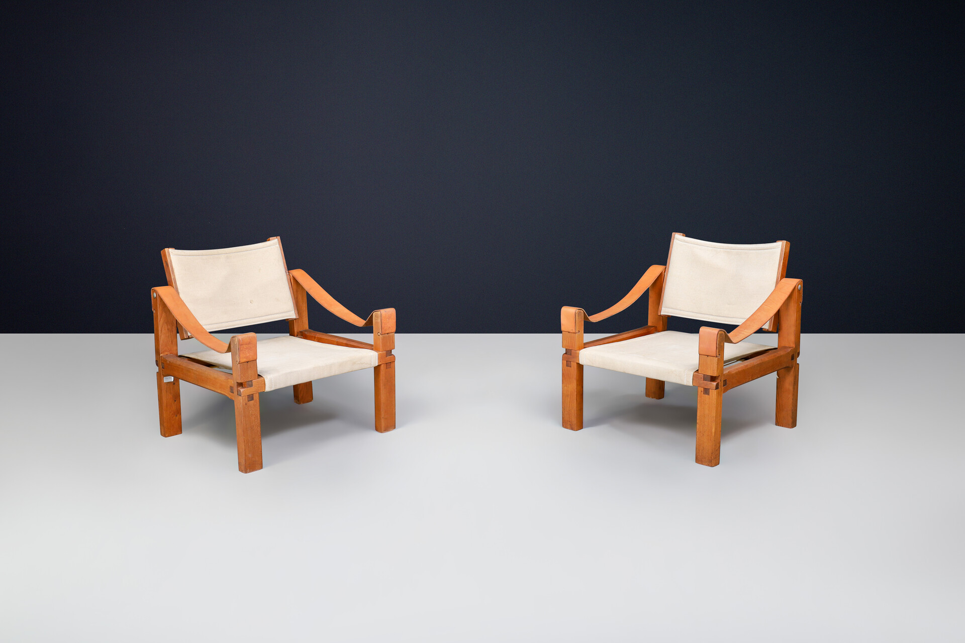 Mid century modern Pierre Chapo, Pair of Armchairs Model 'S10' Elm leather and canvas France 1960s Mid-20th century