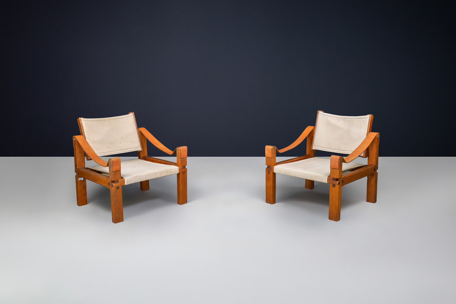 Mid century modern Pierre Chapo, Pair of Armchairs Model 'S10' Elm leather and canvas France 1960s Mid-20th century