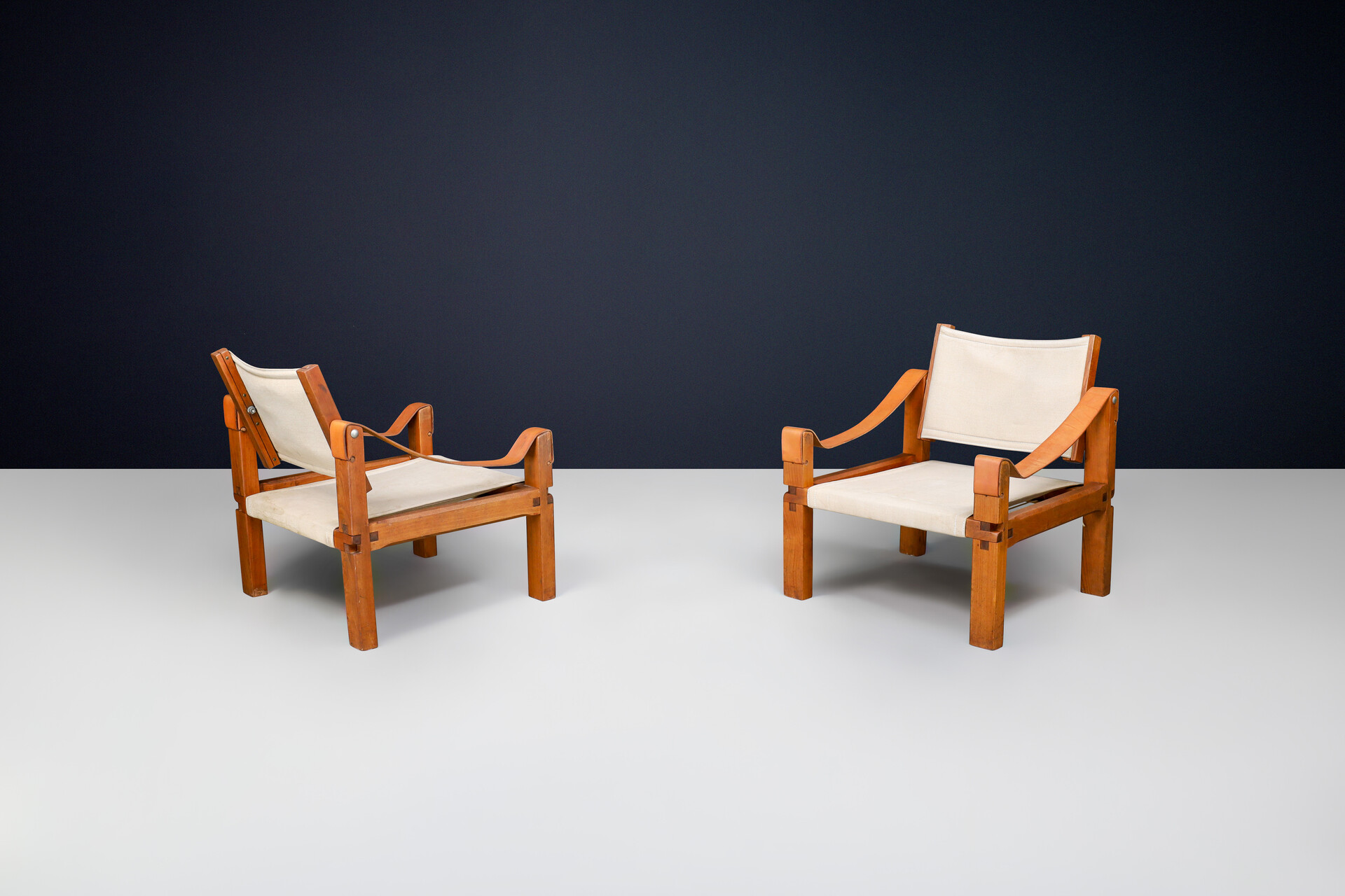 Mid century modern Pierre Chapo, Pair of Armchairs Model 'S10' Elm leather and canvas France 1960s Mid-20th century