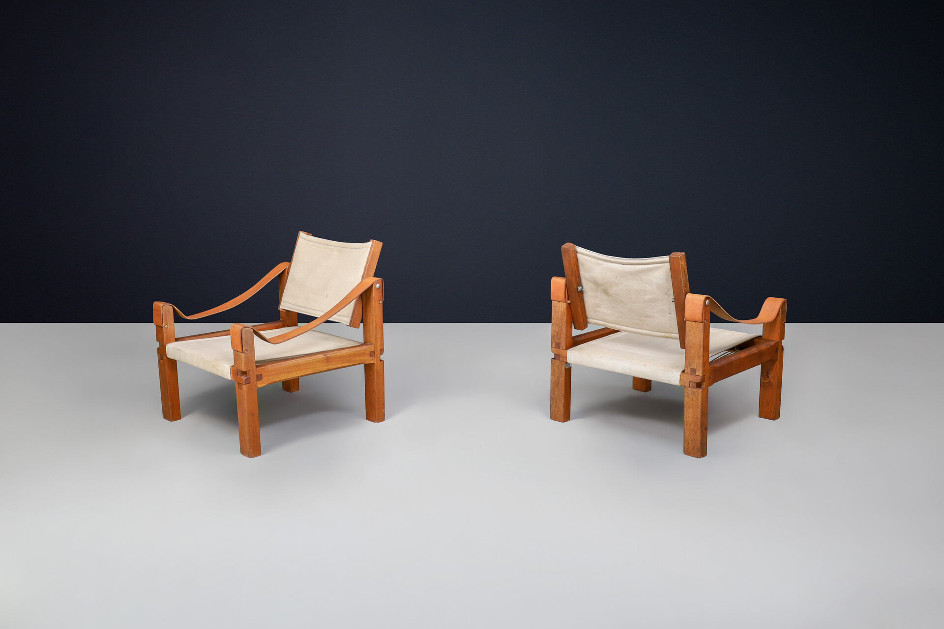 Mid century modern Pierre Chapo, Pair of Armchairs Model 'S10' Elm leather and canvas France 1960s Mid-20th century