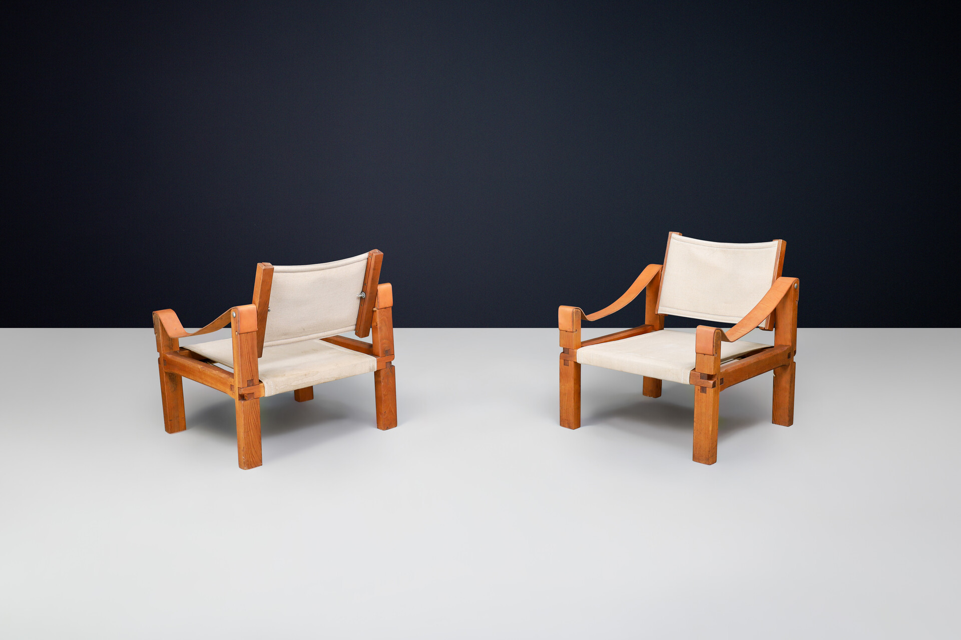 Mid century modern Pierre Chapo, Pair of Armchairs Model 'S10' Elm leather and canvas France 1960s Mid-20th century