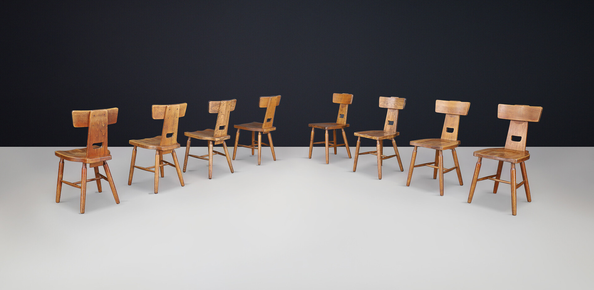 Mid century modern Pierre Chapo style Brutalist t-back dark oak plank dining chairs, France 1950s Mid-20th century