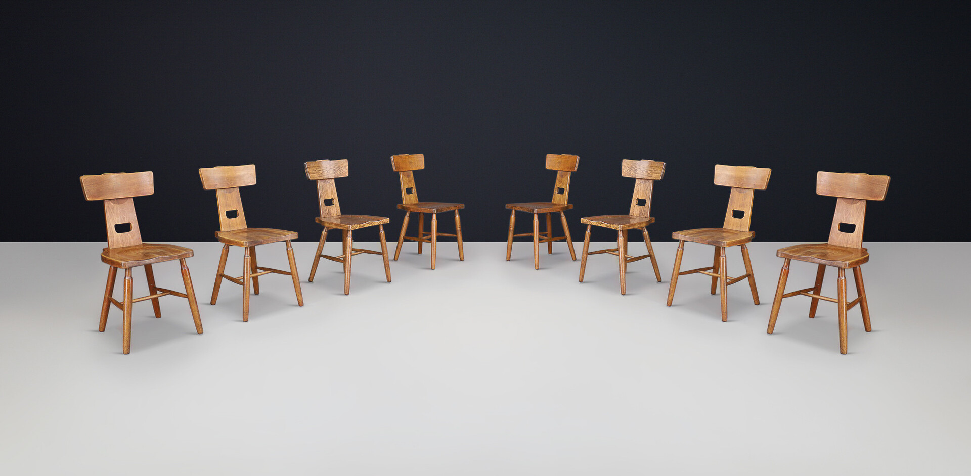 Mid century modern Pierre Chapo style Brutalist t-back dark oak plank dining chairs, France 1950s Mid-20th century