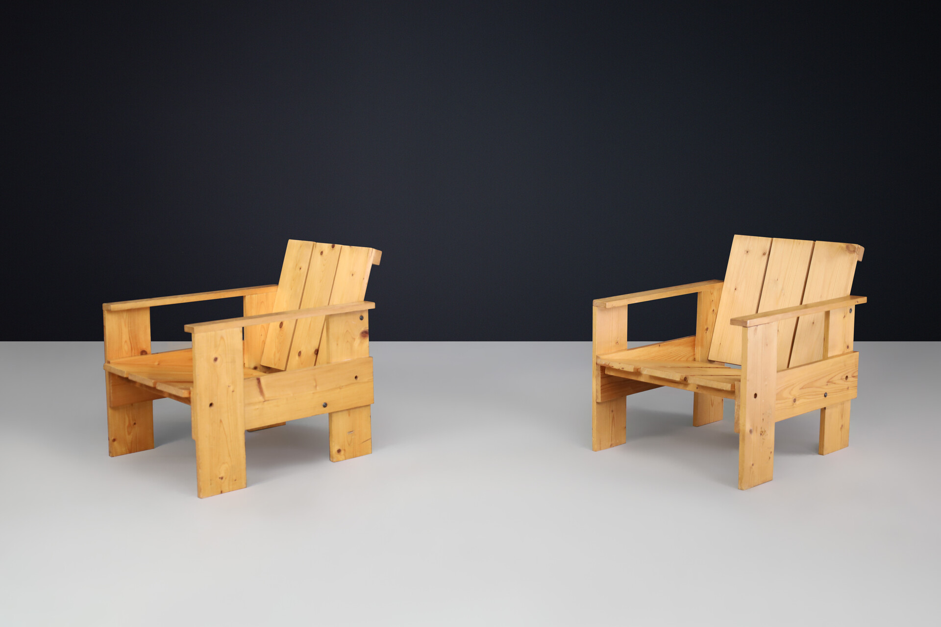 Mid century modern Pine wood crate armchairs, The netherlands 1970s Late-20th century