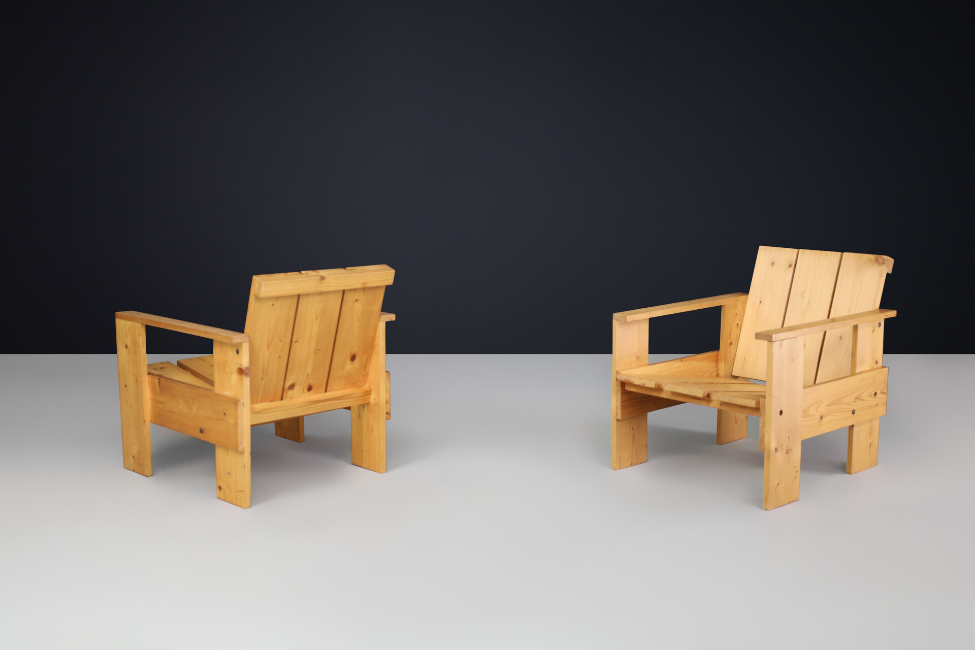 Mid century modern Pine wood crate armchairs, The netherlands 1970s Late-20th century