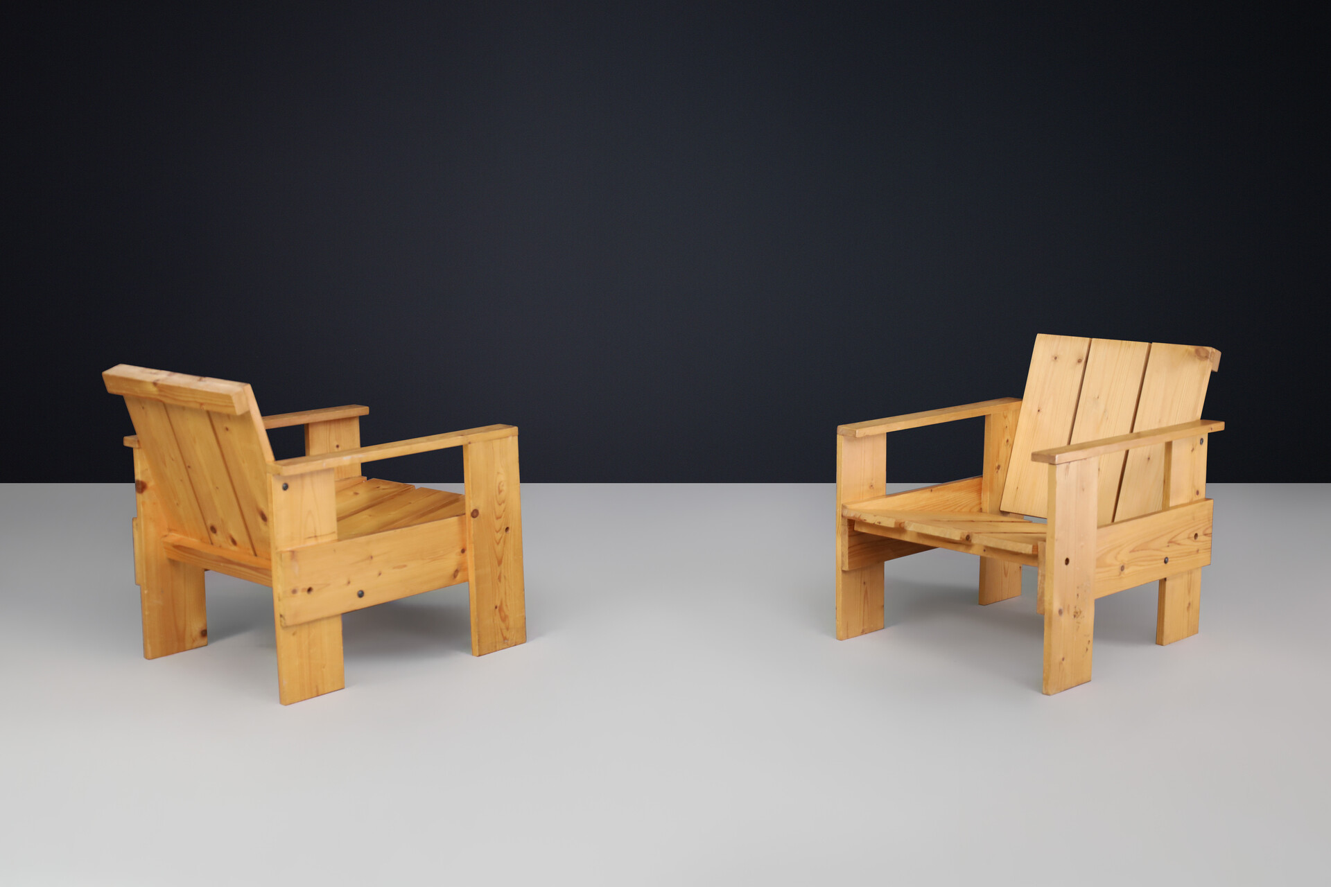 Mid century modern Pine wood crate armchairs, The netherlands 1970s Late-20th century