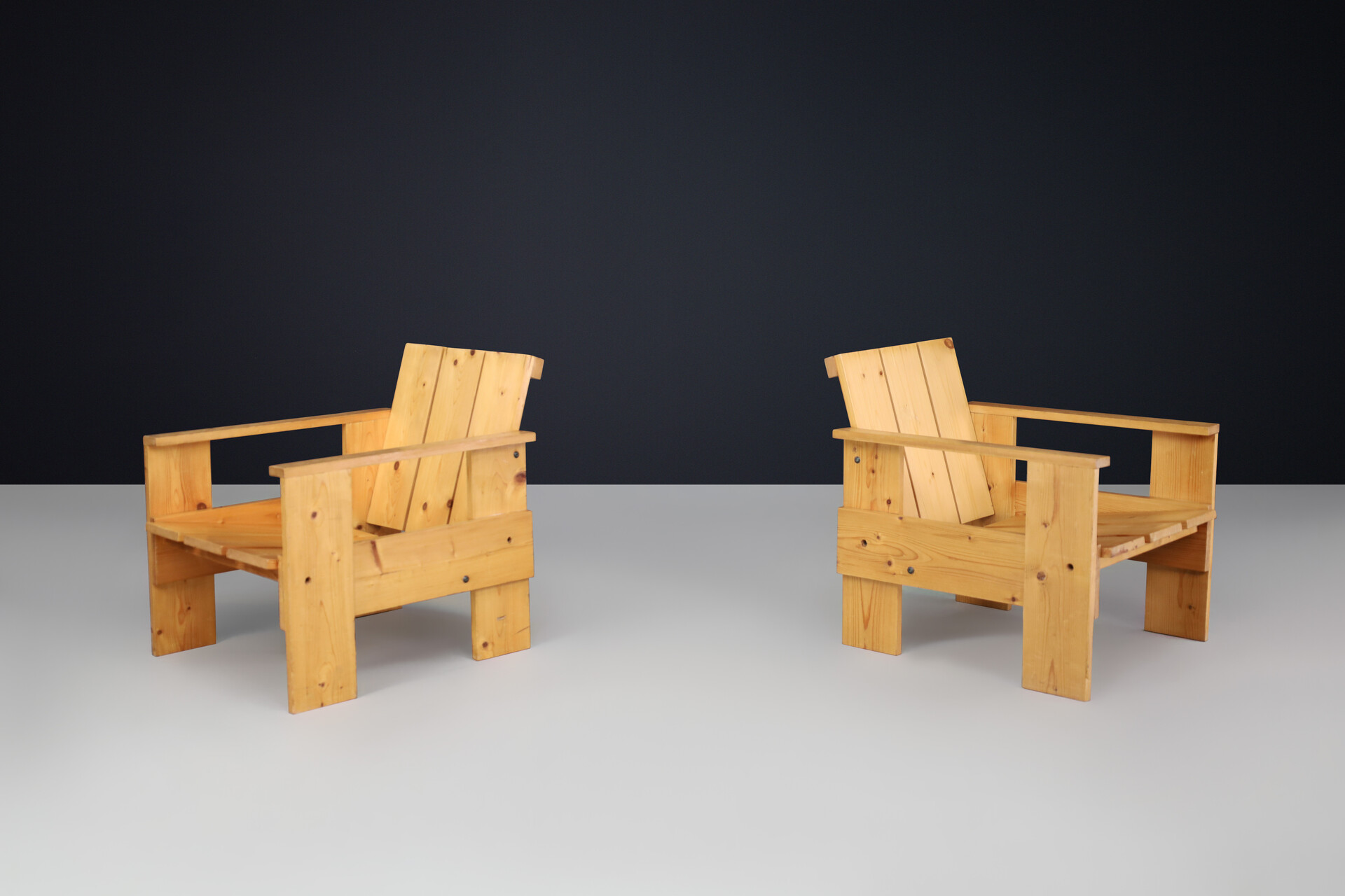 Mid century modern Pine wood crate armchairs, The netherlands 1970s Late-20th century