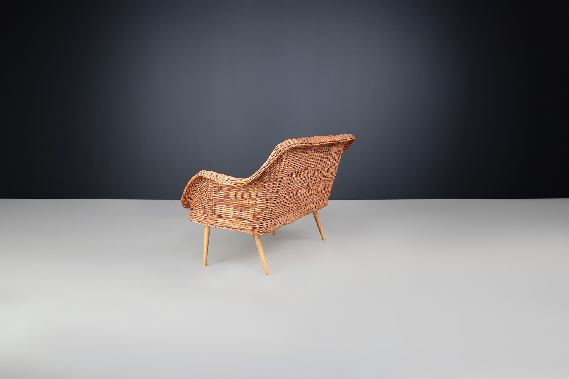 Mid century modern Rattan and wood bench, France 1950 Mid-20th century