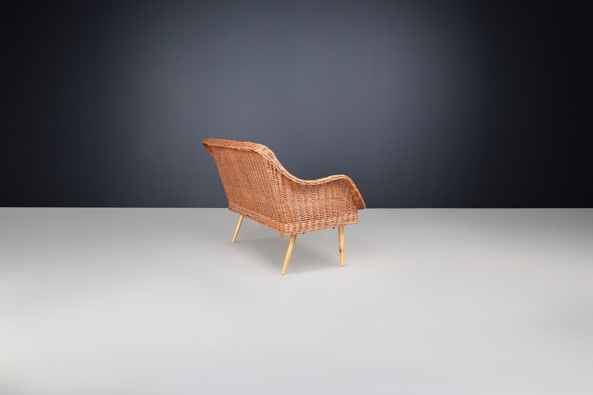 Mid century modern Rattan and wood bench, France 1950 Mid-20th century