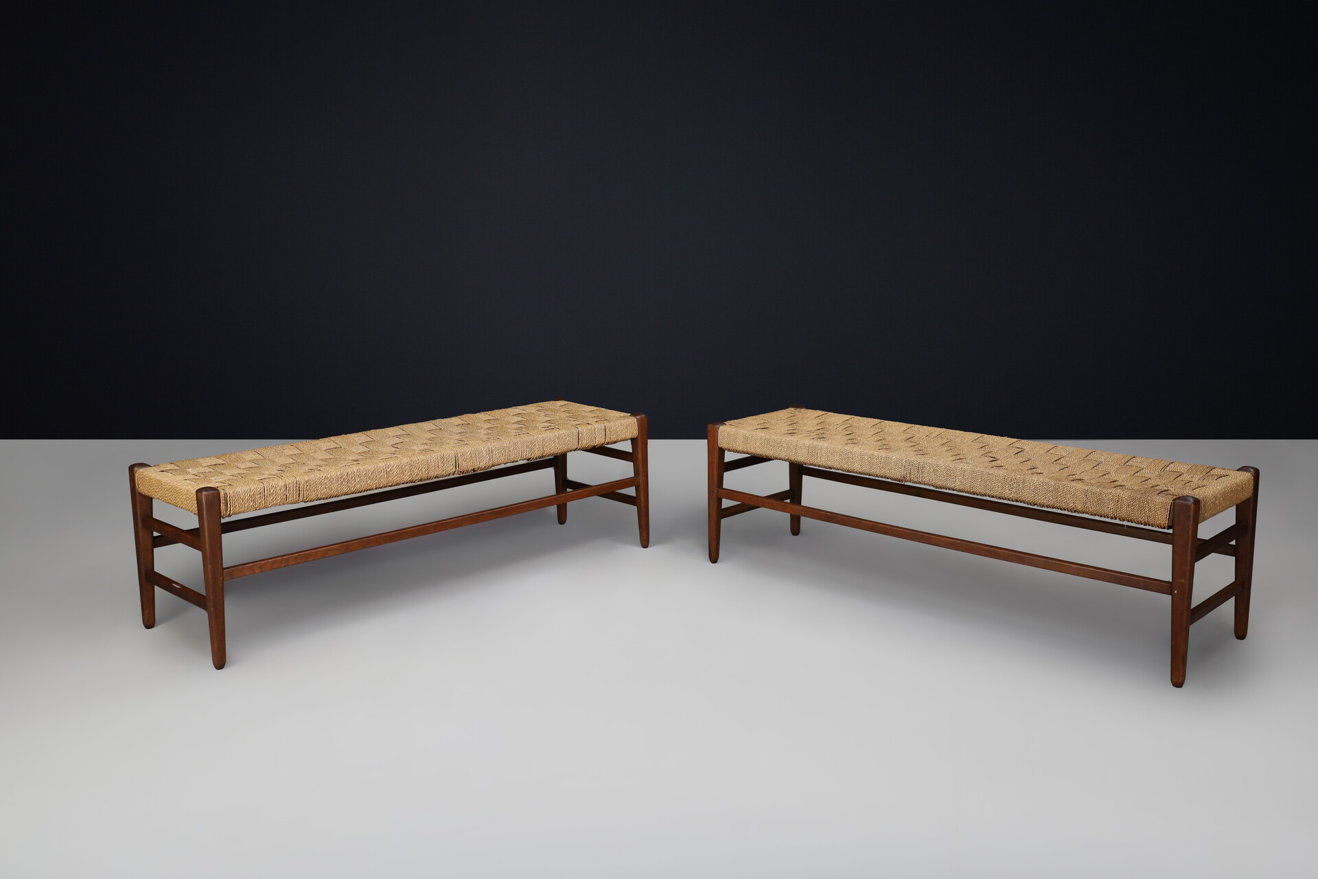 Mid century modern Rope and solid oak bench, France 1950s Mid-20th century