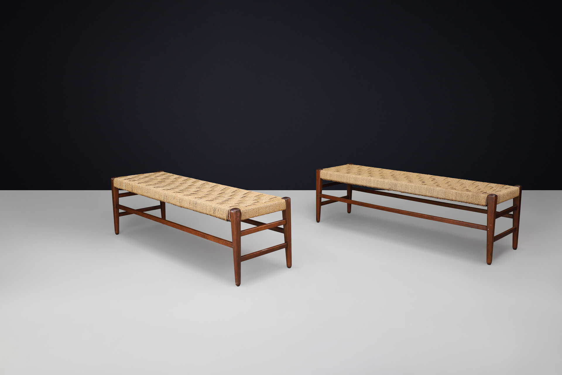 Mid century modern Rope and solid oak bench, France 1950s Mid-20th century